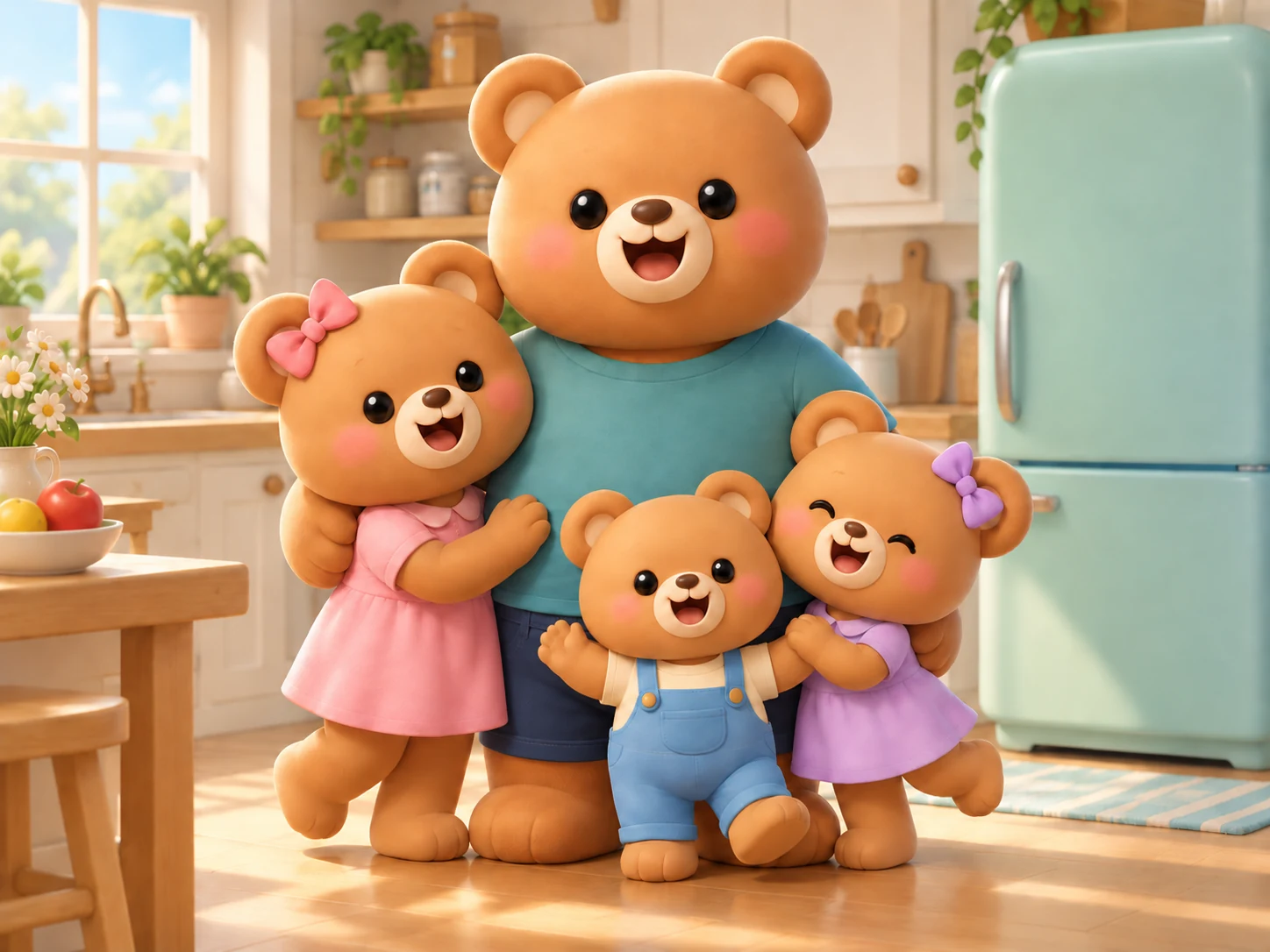 Illustration of a papa bear with two girl cubs, aged seven and four, and a two-year-old boy cub in a sunny kitchen.